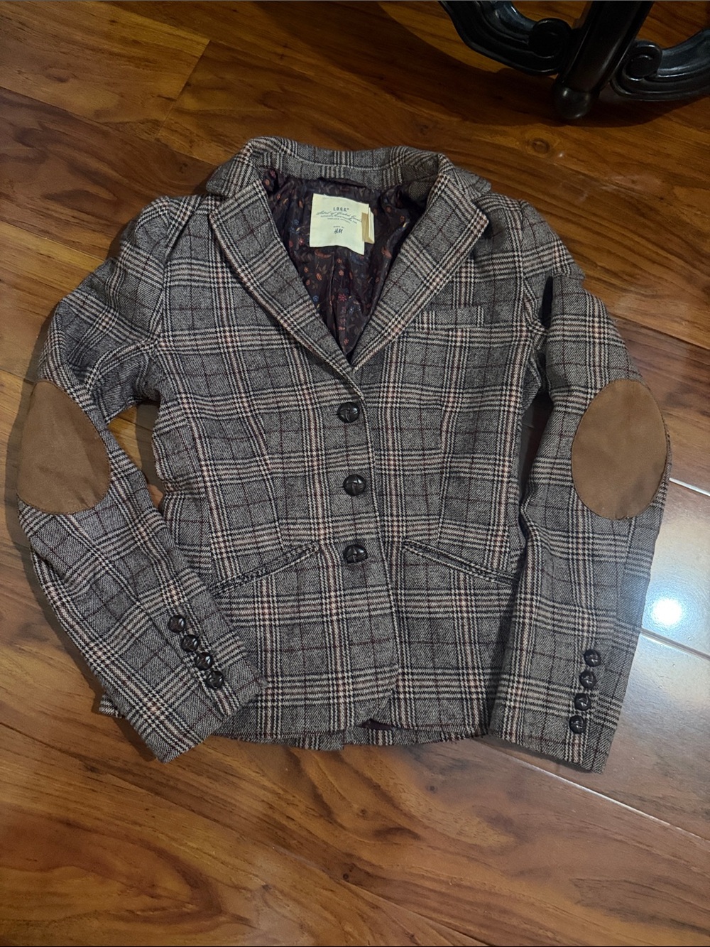 H&M Brown Plaid Wool-Blend Blazer with Suede Elbow Patches